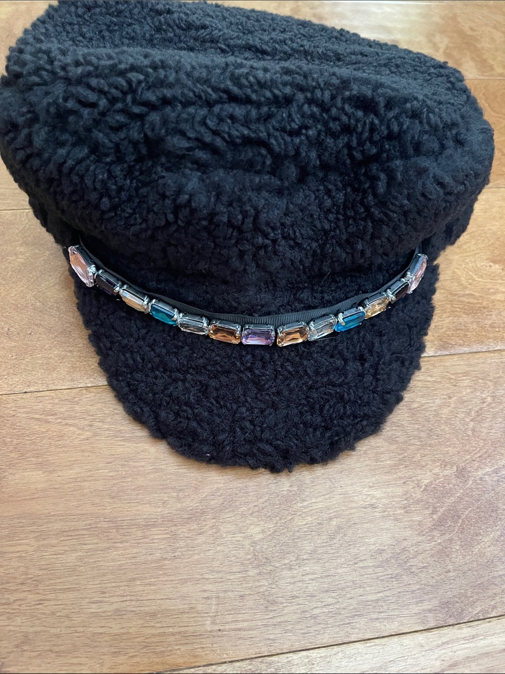 NWT $95 Black Faux-Shearling Baker Cap with Multicolor Gem Trim